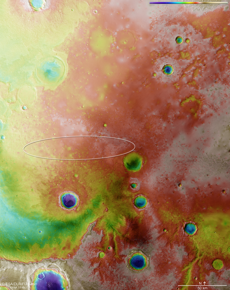 This false color perspective highlights the region’s topological features. Red and white represent high altitude features, while blue and purple show lower terrain, such as the interiors of craters. (ESA/DLR/FU Berlin, CC BY-SA 3.0 IGO)